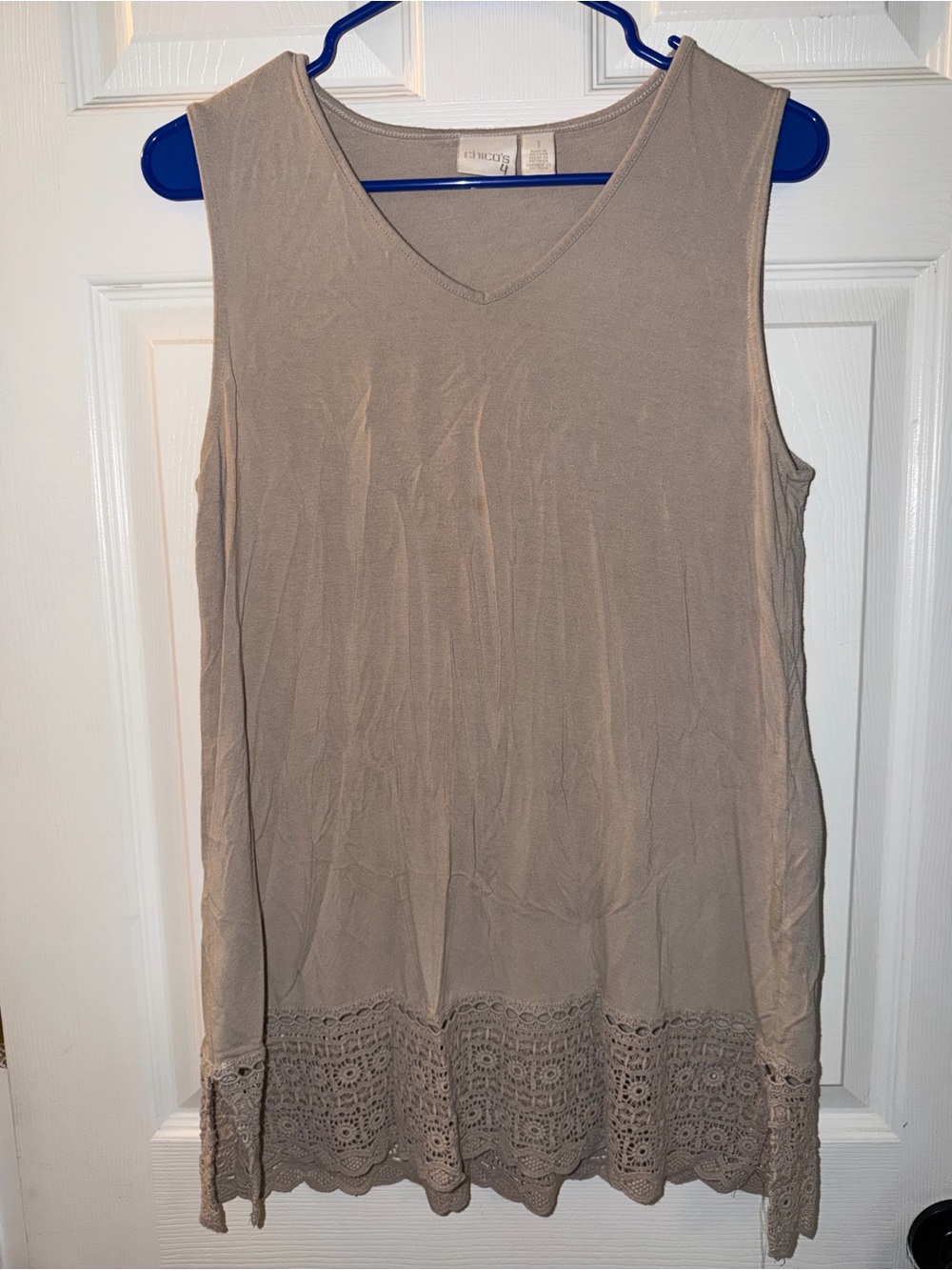 Chico's Taupe V-Neck Tank with Crochet Hem